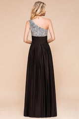 Affordable One Shoulder Sequins Long Bridesmaid Dresses with Ruffle