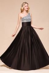 Affordable One Shoulder Sequins Long Bridesmaid Dresses with Ruffle