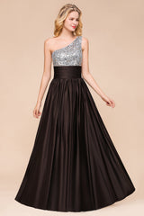 Affordable One Shoulder Sequins Long Bridesmaid Dresses with Ruffle