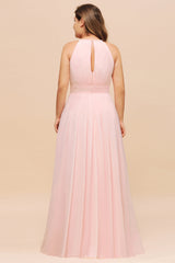 Affordable Plus Size Chiffon Round Neck Pink Bridesmaid Dress