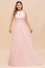 Affordable Plus Size Chiffon Round Neck Pink Bridesmaid Dress