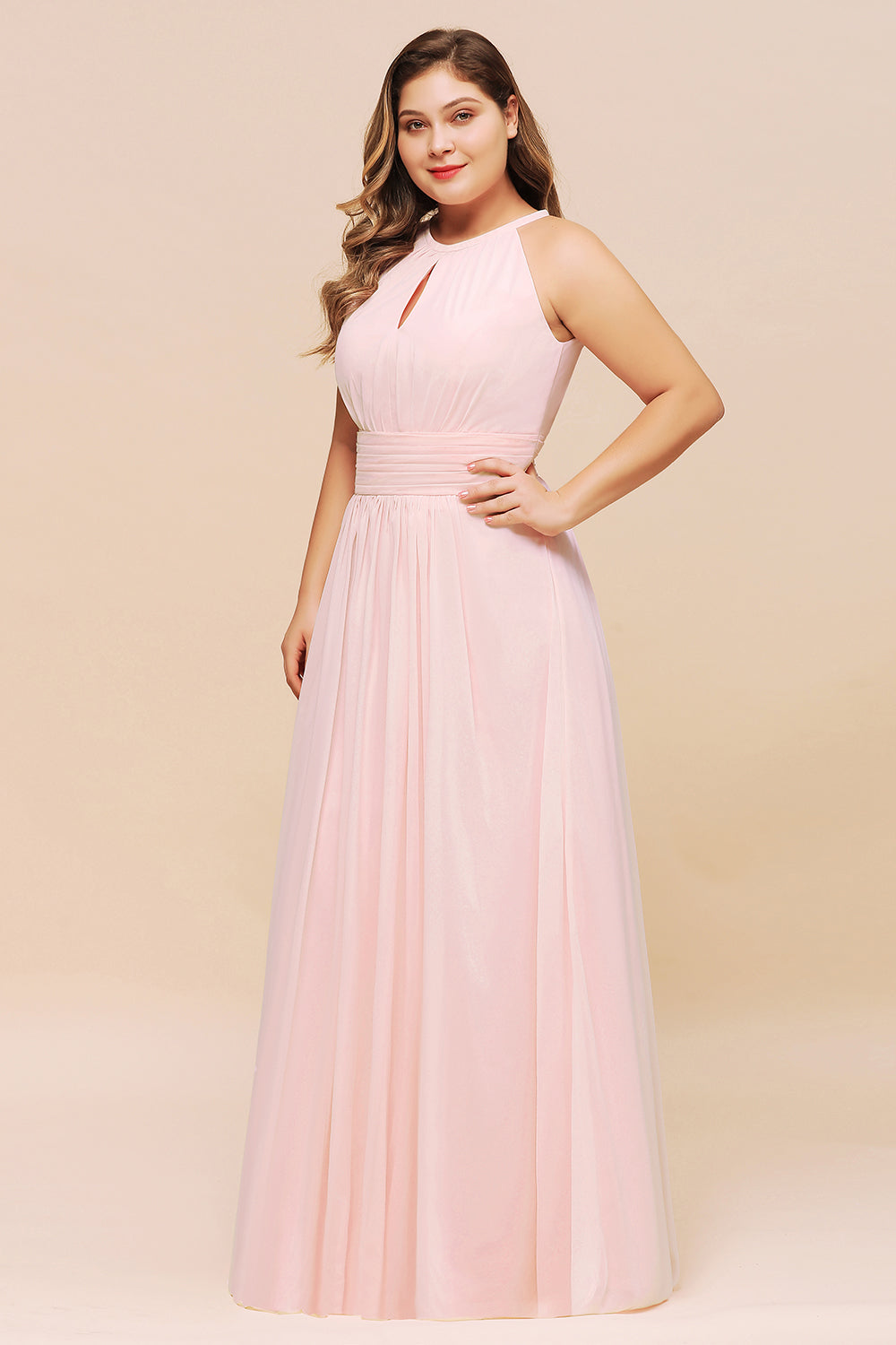 Affordable Plus Size Chiffon Round Neck Pink Bridesmaid Dress