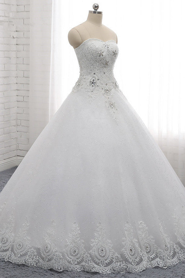 Affordable S-Line Sweetheart Tulle Rhinestones Wedding Dress Lace Appliques Sleeveless Bridal Gowns Online