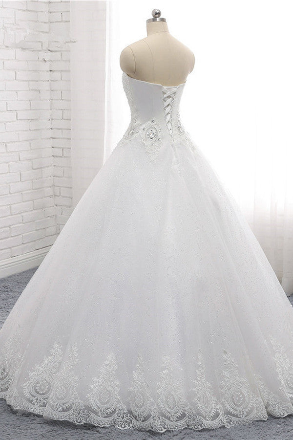 Affordable S-Line Sweetheart Tulle Rhinestones Wedding Dress Lace Appliques Sleeveless Bridal Gowns Online