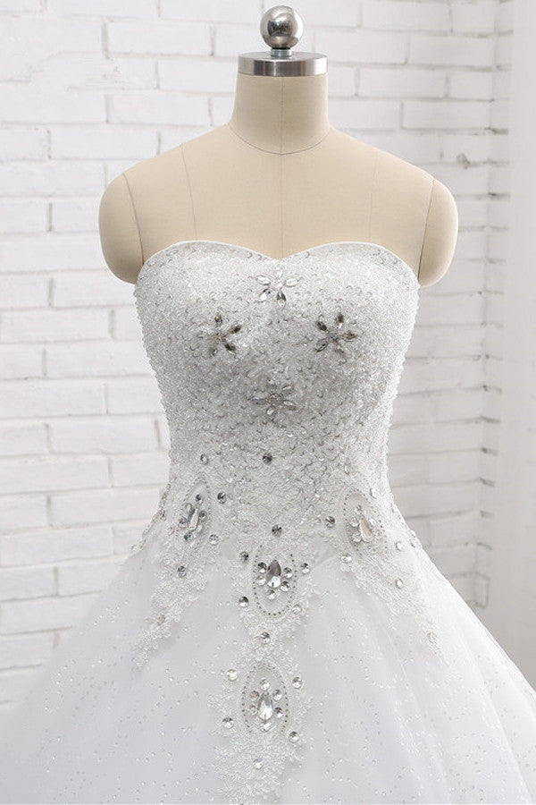 Affordable S-Line Sweetheart Tulle Rhinestones Wedding Dress Lace Appliques Sleeveless Bridal Gowns Online