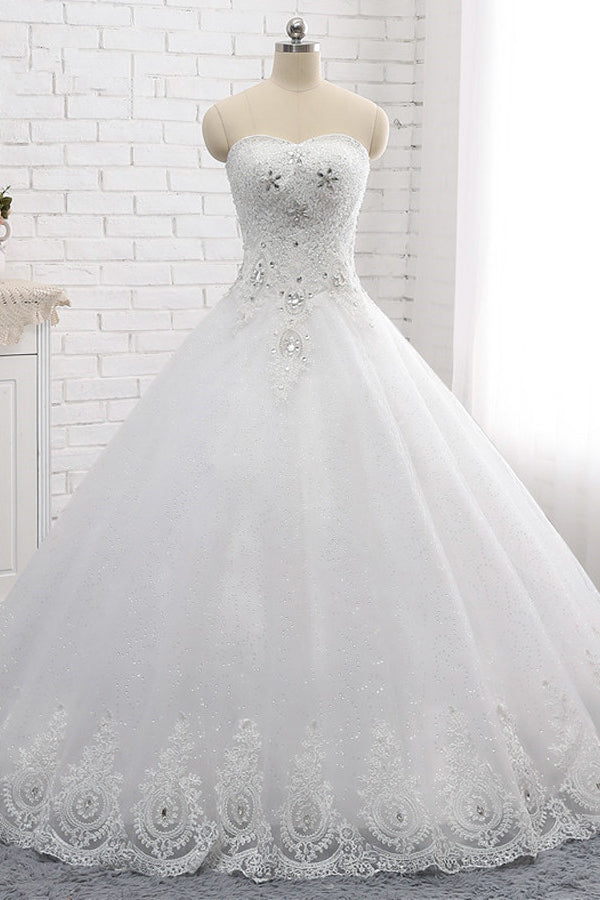 Affordable S-Line Sweetheart Tulle Rhinestones Wedding Dress Lace Appliques Sleeveless Bridal Gowns Online