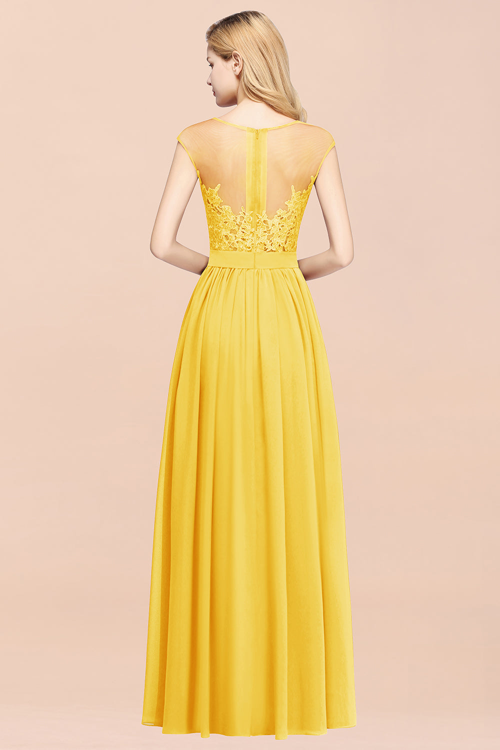 Affordable Scoop Lace Appliques Yellow Bridesmaid Dresses with Slit