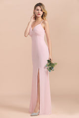 Affordable Sheath V-Neck Blushing Pink Chiffon Bridesmaid Dress with Spaghetii Straps