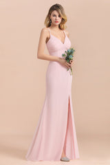 Affordable Sheath V-Neck Blushing Pink Chiffon Bridesmaid Dress with Spaghetii Straps