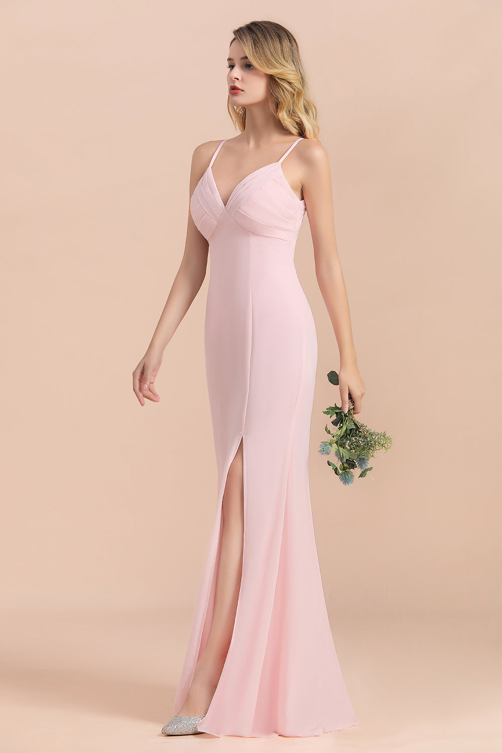 Affordable Sheath V-Neck Blushing Pink Chiffon Bridesmaid Dress with Spaghetii Straps