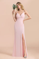 Affordable Sheath V-Neck Blushing Pink Chiffon Bridesmaid Dress with Spaghetii Straps