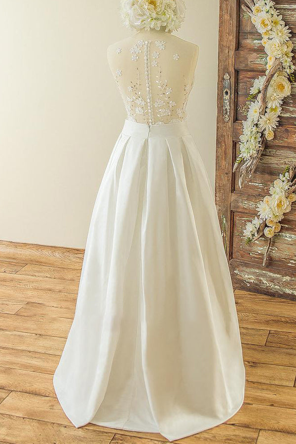 Affordable Sleeveless Straps Jewel Wedding Dresses Satin Appliques Lace Bridal Gowns On Sale