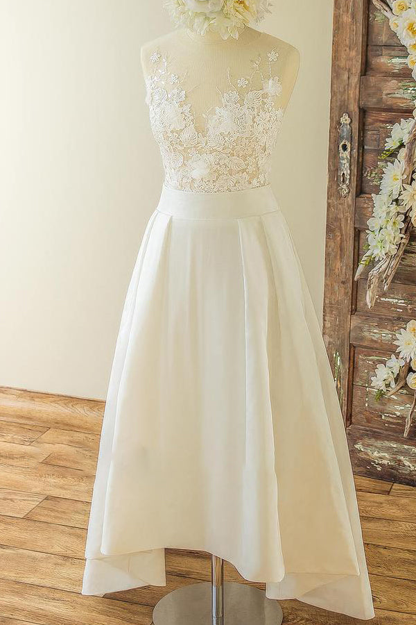 Affordable Sleeveless Straps Jewel Wedding Dresses Satin Appliques Lace Bridal Gowns On Sale