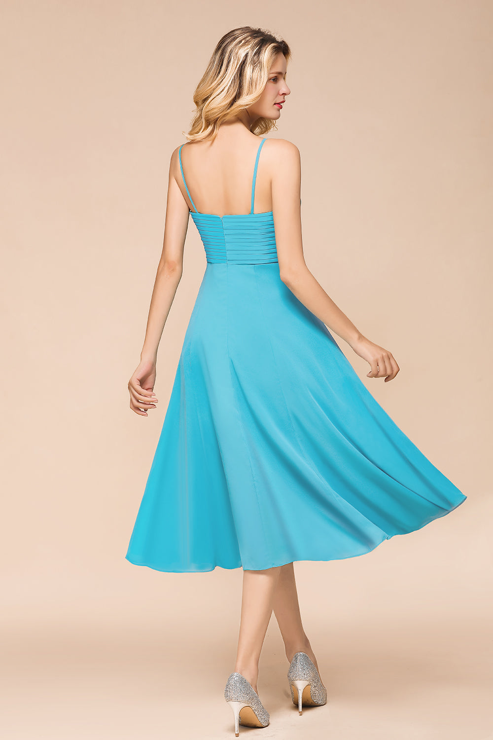 Affordable Spaghetti Straps Blue Chiffon Bridesmaid Dress with Ruffle