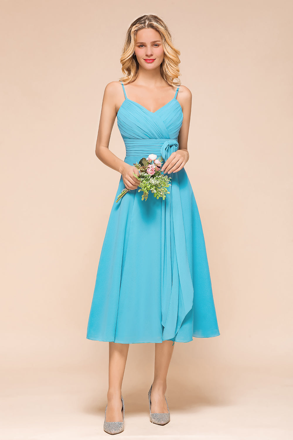 Affordable Spaghetti Straps Blue Chiffon Bridesmaid Dress with Ruffle