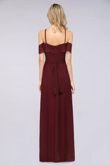 Affordable Spaghetti Straps Burgundy Long Bridesmaid Dress With Bow Sash