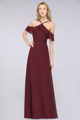 Affordable Spaghetti Straps Burgundy Long Bridesmaid Dress With Bow Sash