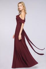 Affordable Spaghetti Straps Burgundy Long Bridesmaid Dress With Bow Sash