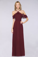 Affordable Spaghetti Straps Burgundy Long Bridesmaid Dress With Bow Sash