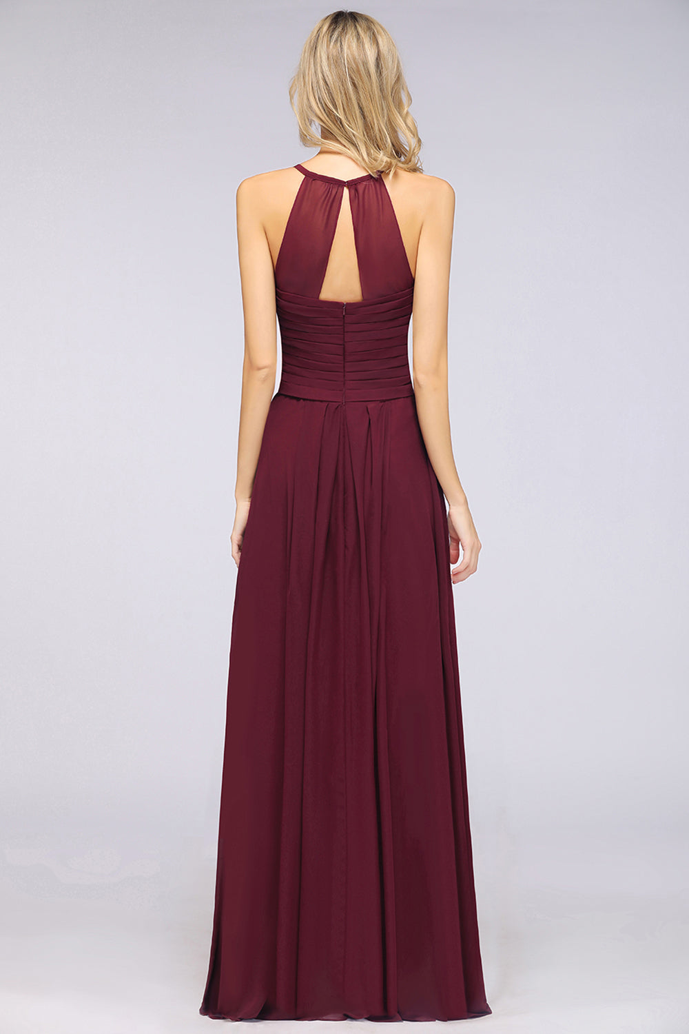 Affordable Spaghetti Straps V-Neck Burgundy Chiffon Bridesmaid Dress with Keyhole Back