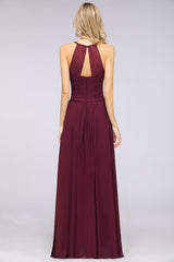 Affordable Spaghetti Straps V-Neck Burgundy Chiffon Bridesmaid Dress with Keyhole Back