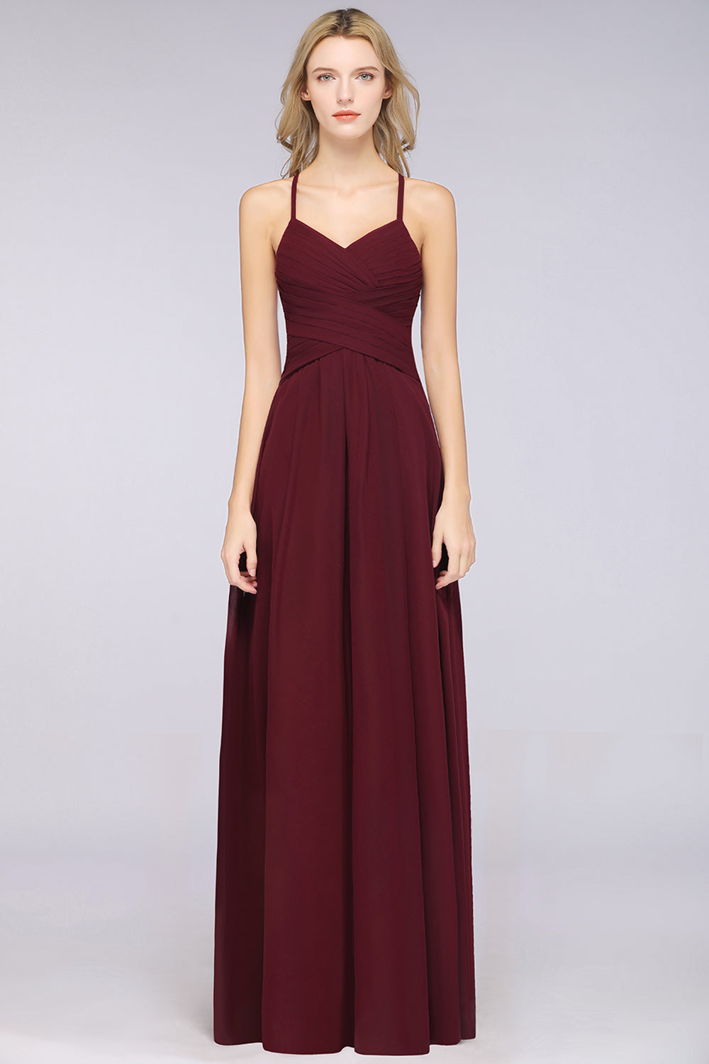 Affordable Spaghetti Straps V-Neck Burgundy Chiffon Bridesmaid Dress with Keyhole Back