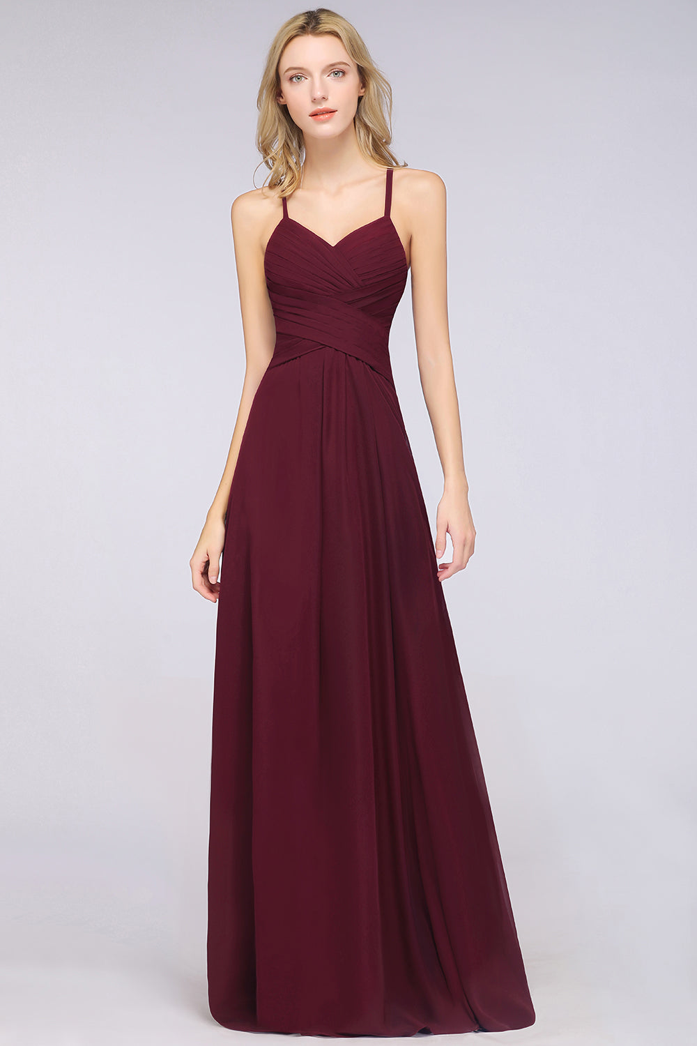 Affordable Spaghetti Straps V-Neck Burgundy Chiffon Bridesmaid Dress with Keyhole Back