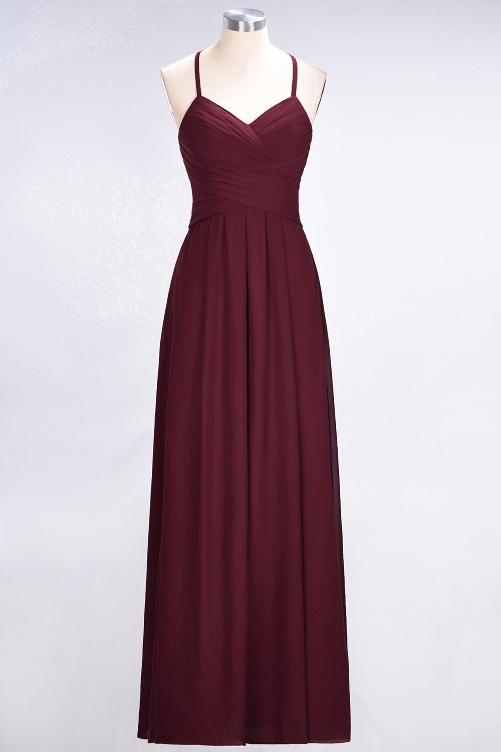 Affordable Spaghetti Straps V-Neck Burgundy Chiffon Bridesmaid Dress with Keyhole Back