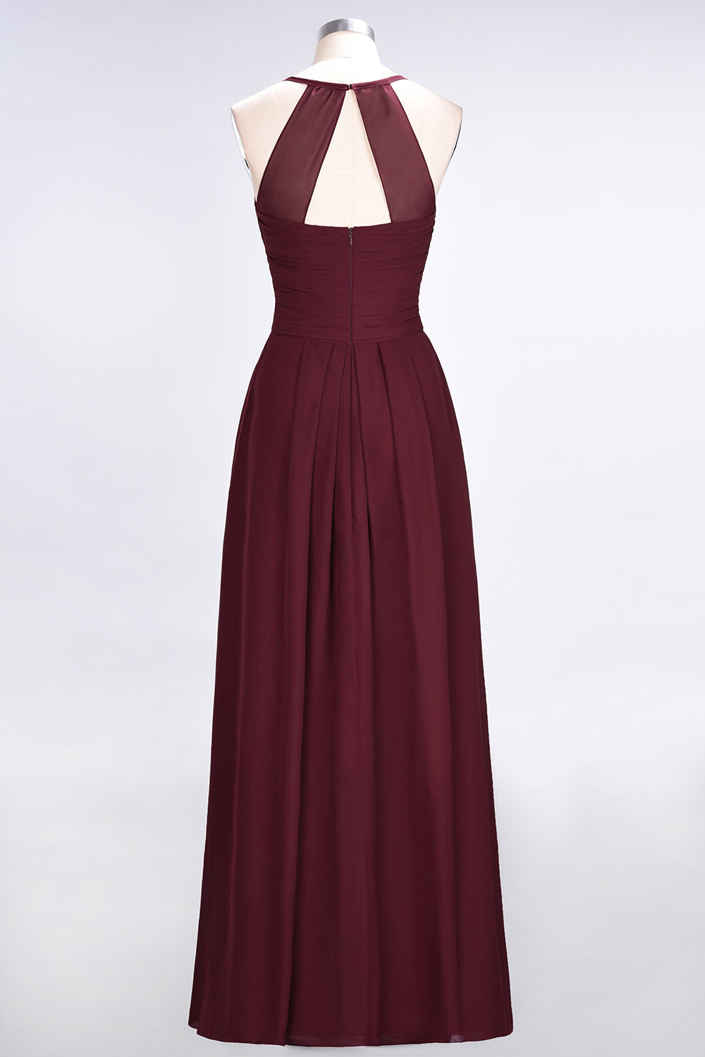 Affordable Spaghetti Straps V-Neck Burgundy Chiffon Bridesmaid Dress with Keyhole Back