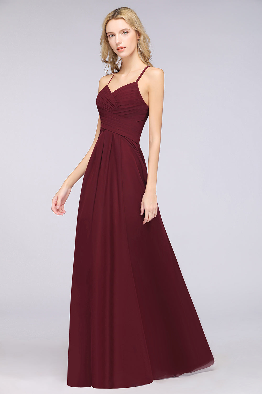 Affordable Spaghetti Straps V-Neck Burgundy Chiffon Bridesmaid Dress with Keyhole Back