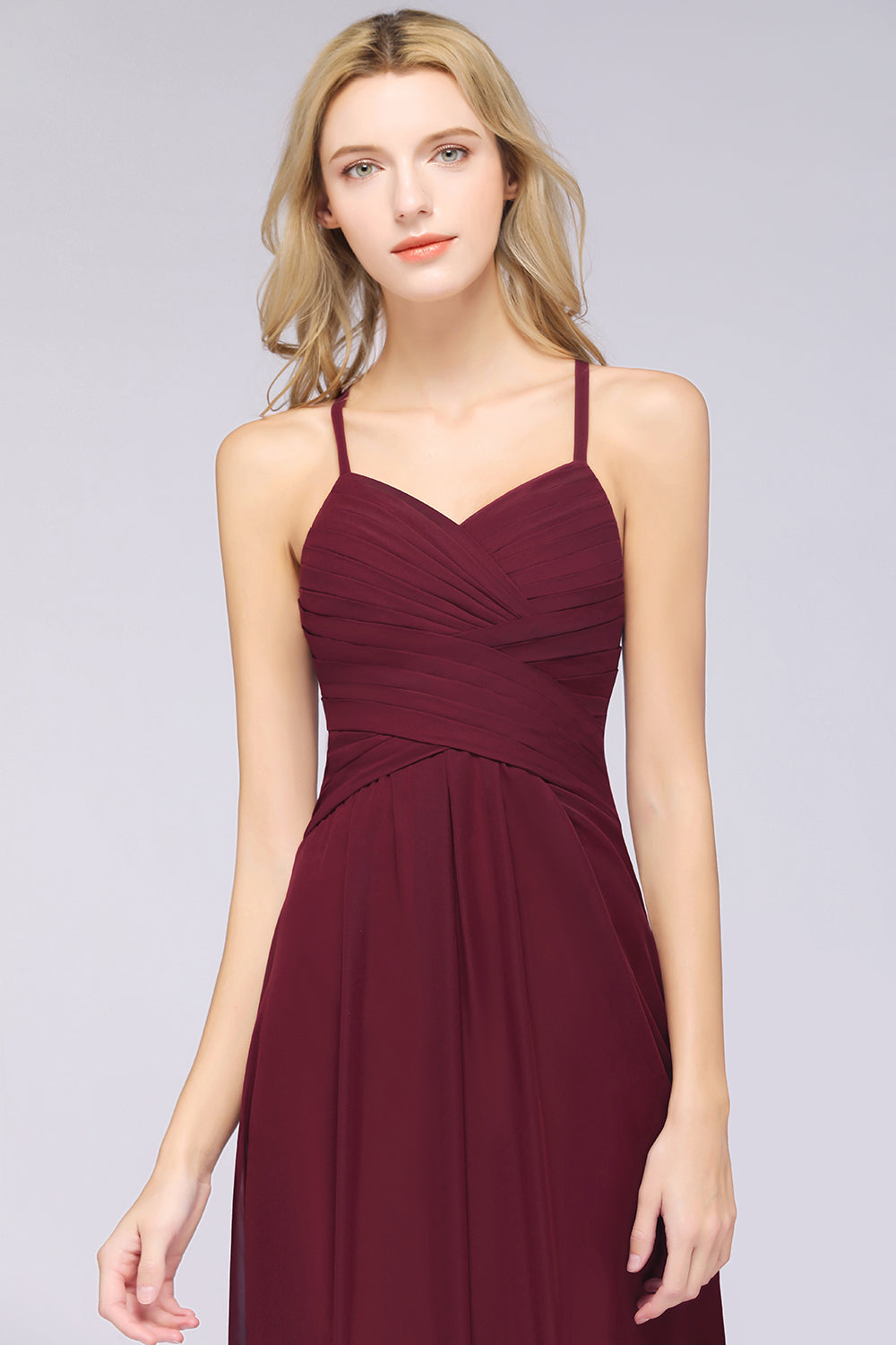 Affordable Spaghetti Straps V-Neck Burgundy Chiffon Bridesmaid Dress with Keyhole Back