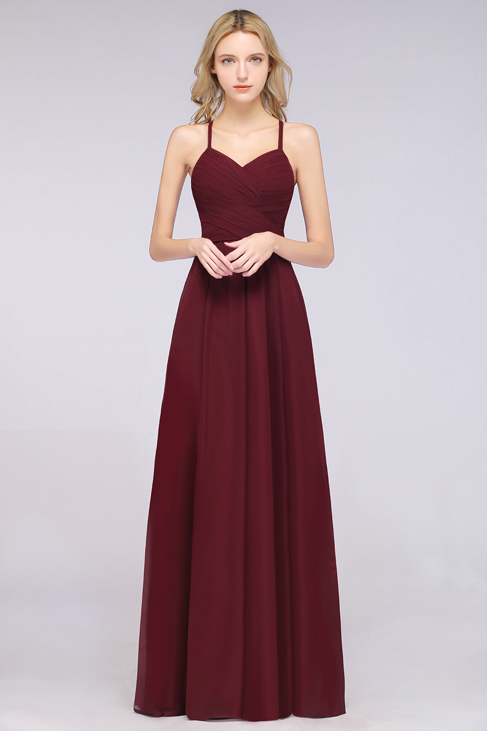 Affordable Spaghetti Straps V-Neck Burgundy Chiffon Bridesmaid Dress with Keyhole Back