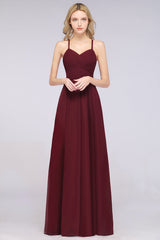 Affordable Spaghetti Straps V-Neck Burgundy Chiffon Bridesmaid Dress with Keyhole Back