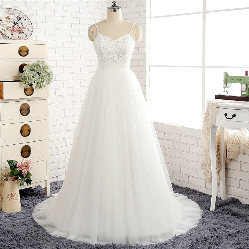 Affordable Spaghetti Straps White Wedding Dresses A-line Tulle Ruffles Bridal Gowns On Sale