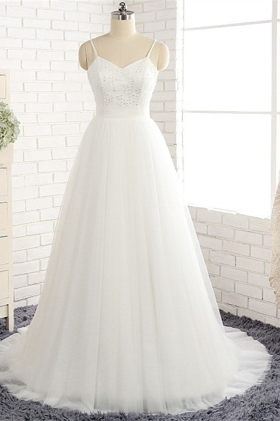 Affordable Spaghetti Straps White Wedding Dresses A-line Tulle Ruffles Bridal Gowns On Sale