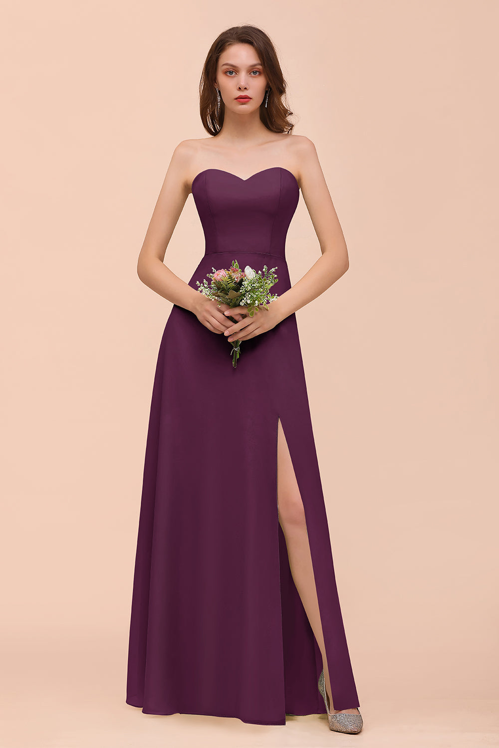 Affordable Strapless Front Slit Long Dusty Sage Bridesmaid Dress