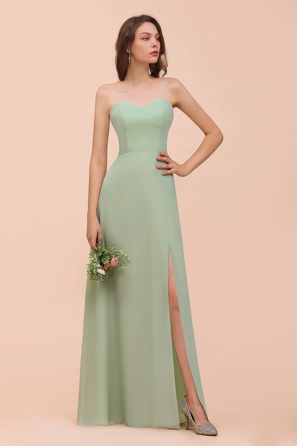 Affordable Strapless Front Slit Long Dusty Sage Bridesmaid Dress