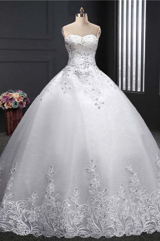 Affordable Strapless Sweetheart Ball Gown Wedding Dress Appliques Sleeveless Bridal Gowns with Beadings