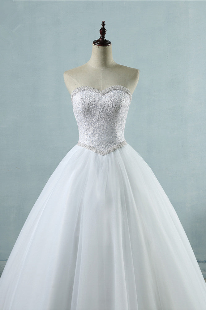 Affordable Strapless Tulle Lace Wedding Dresses Sweetheart Sleeveless Bridal Gowns with Pearls Online