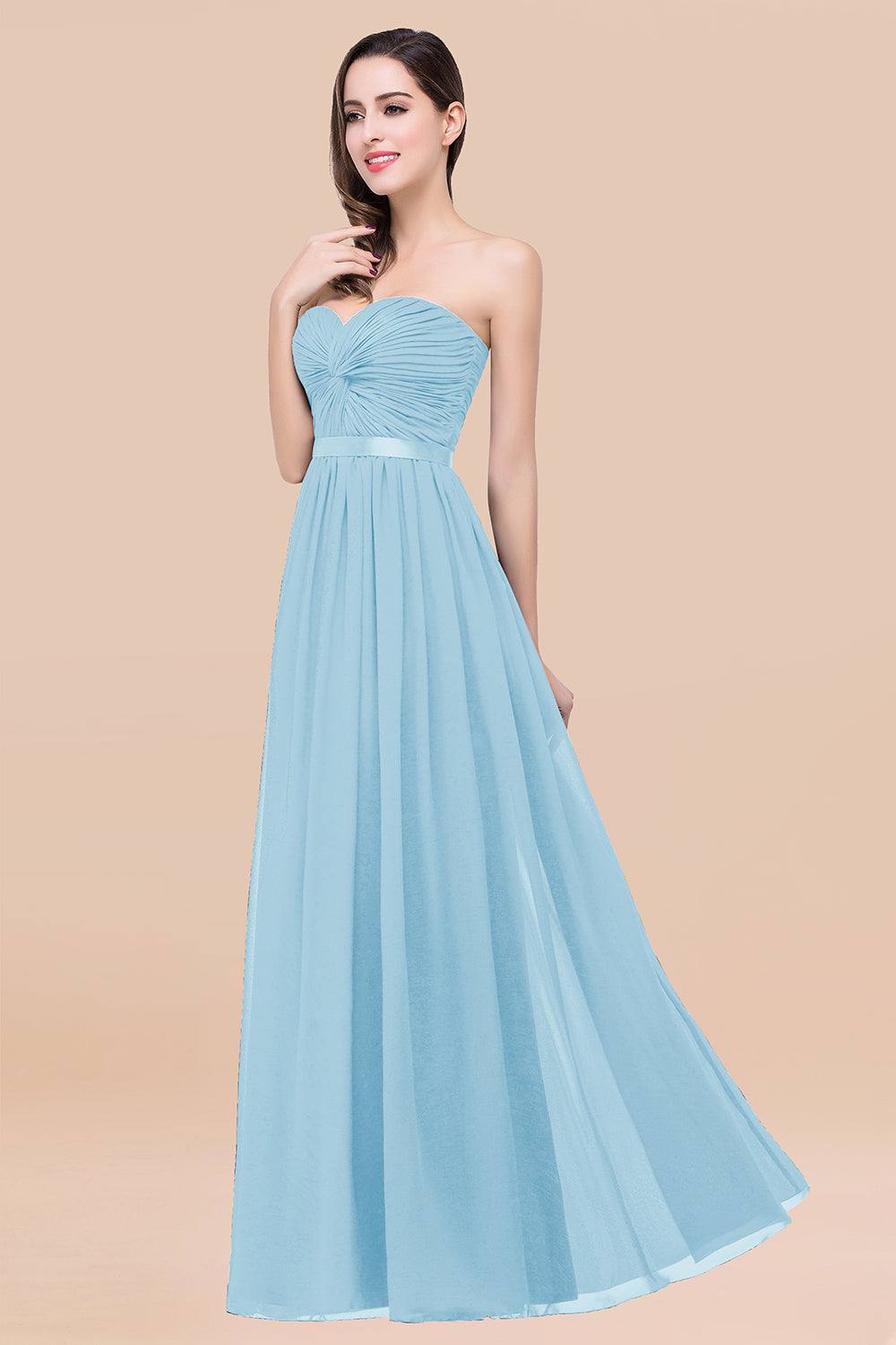 Affordable Sweetheart Ruffle Navy Chiffon Bridesmaid Dress With Ribbon