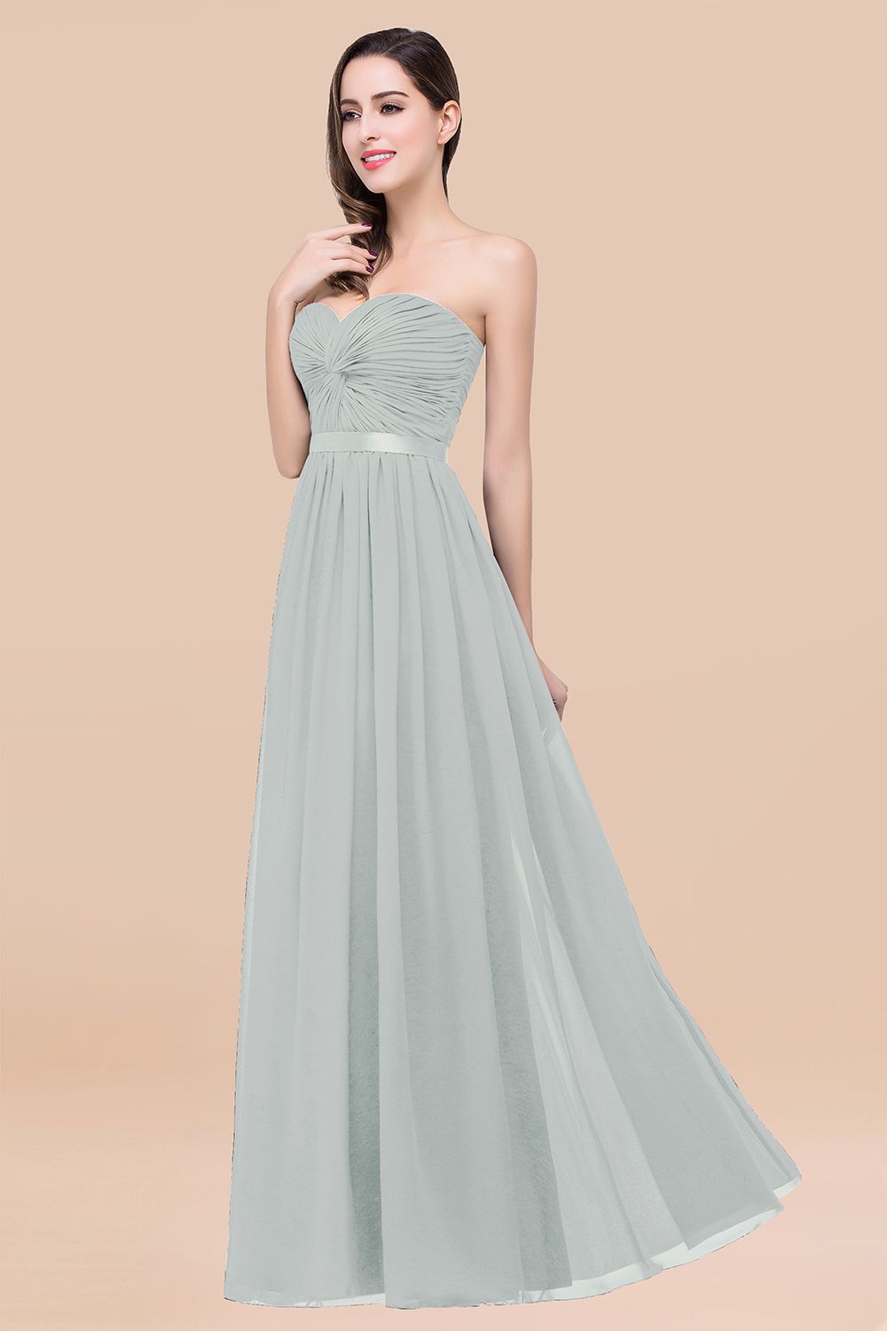 Affordable Sweetheart Ruffle Navy Chiffon Bridesmaid Dress With Ribbon