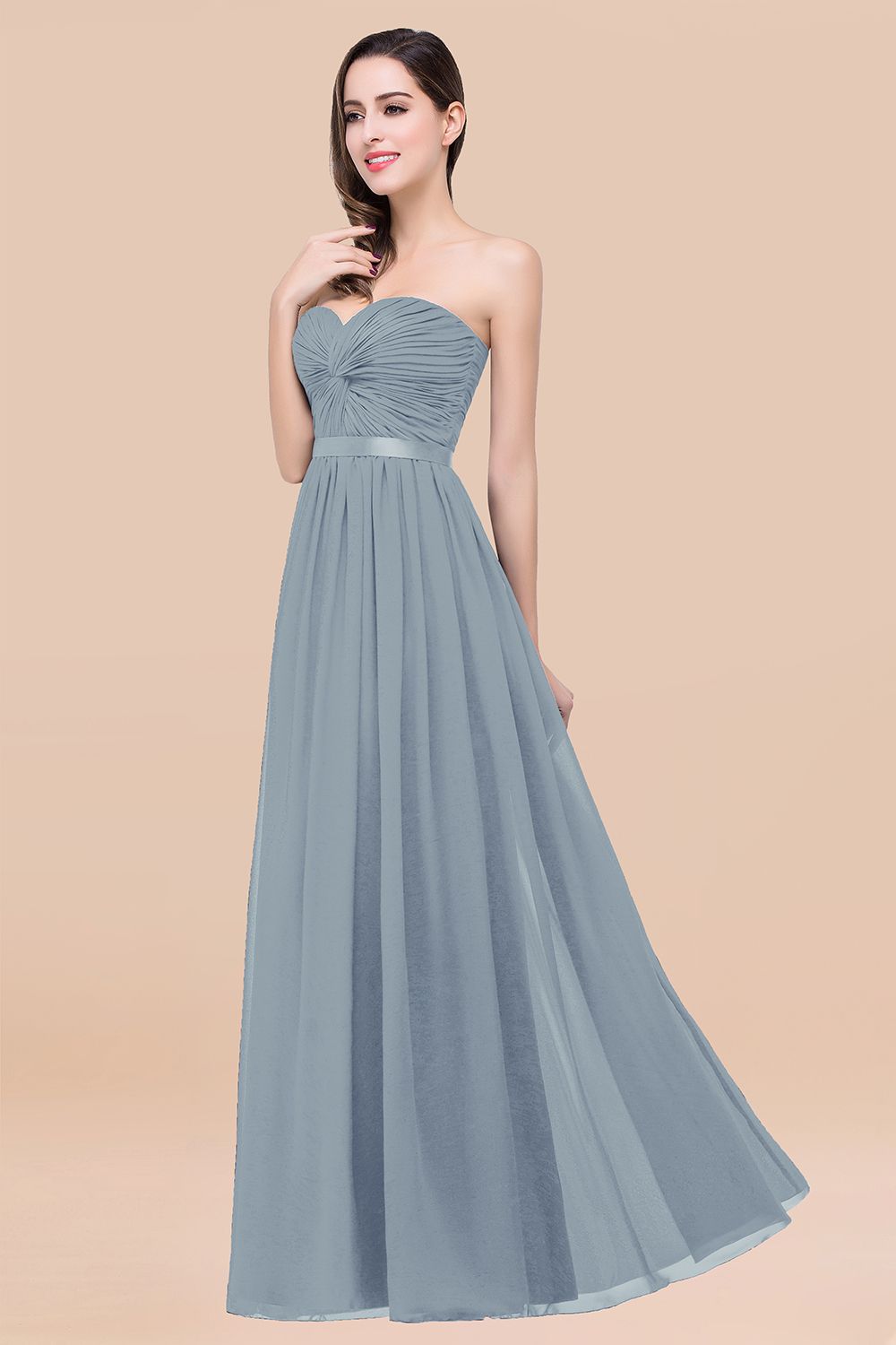 Affordable Sweetheart Ruffle Navy Chiffon Bridesmaid Dress With Ribbon