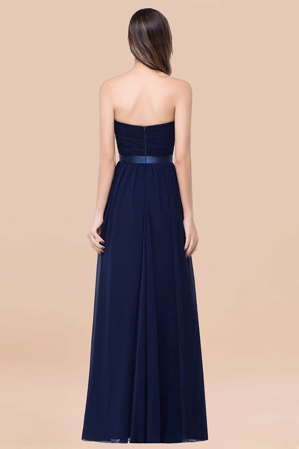 Affordable Sweetheart Ruffle Navy Chiffon Bridesmaid Dress With Ribbon