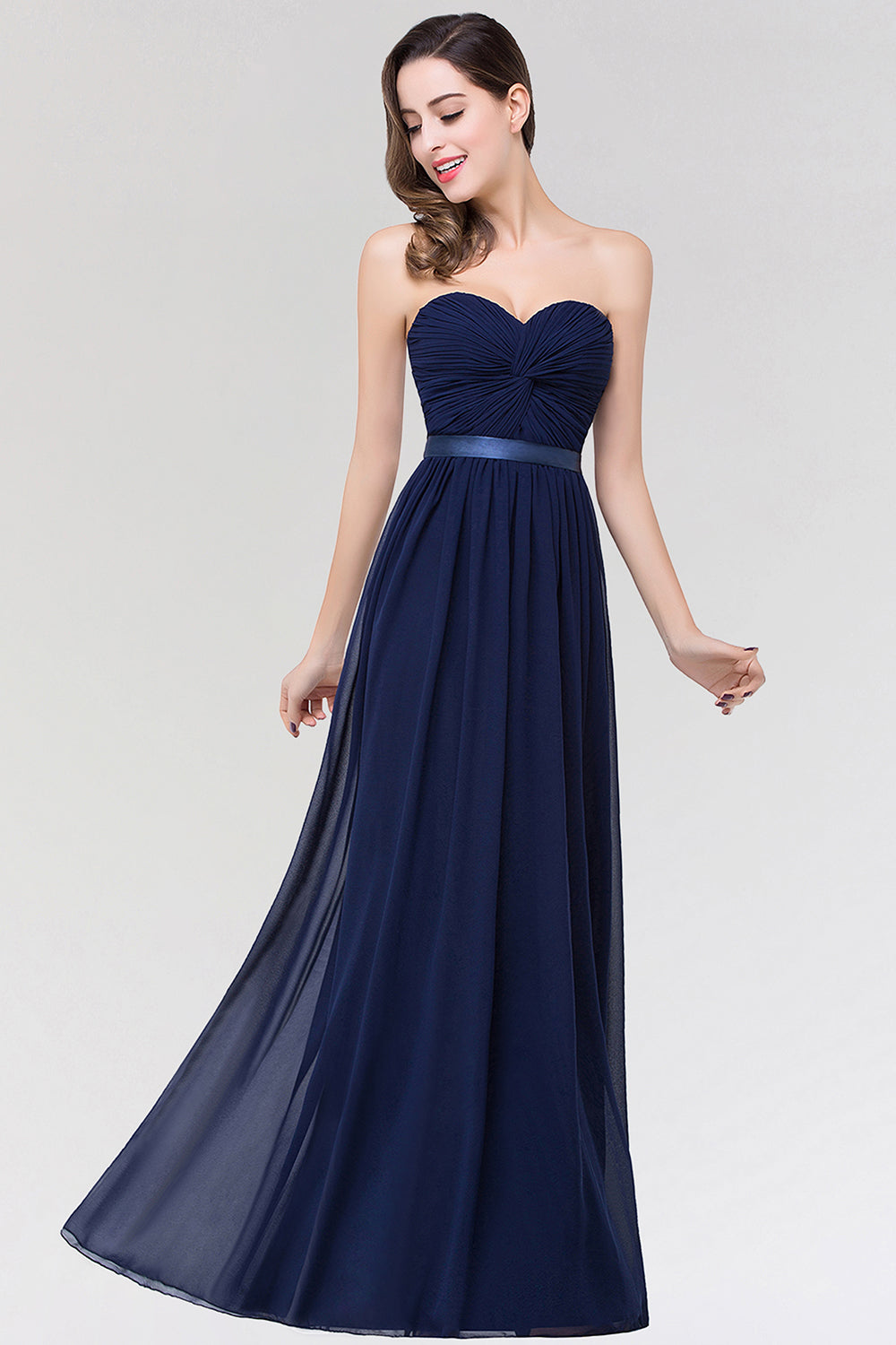 Affordable Sweetheart Ruffle Navy Chiffon Bridesmaid Dress With Ribbon