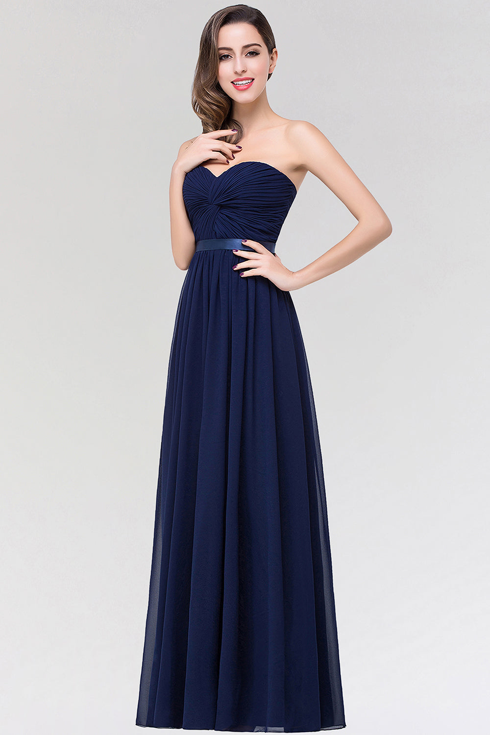 Affordable Sweetheart Ruffle Navy Chiffon Bridesmaid Dress With Ribbon