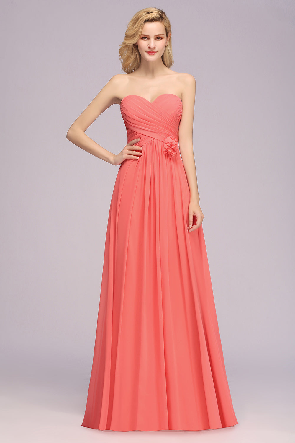 Affordable Sweetheart Strapless Chiffon Bridesmaid Dress with Flower