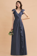 Affordable V-Neck Chiffon Ruffles Bridesmaid Dress with Pockets On Sale