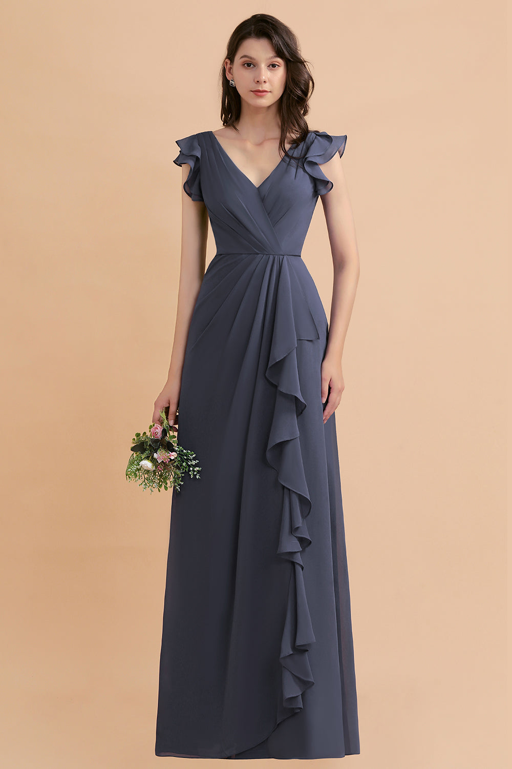 Affordable V-Neck Chiffon Ruffles Bridesmaid Dress with Pockets On Sale