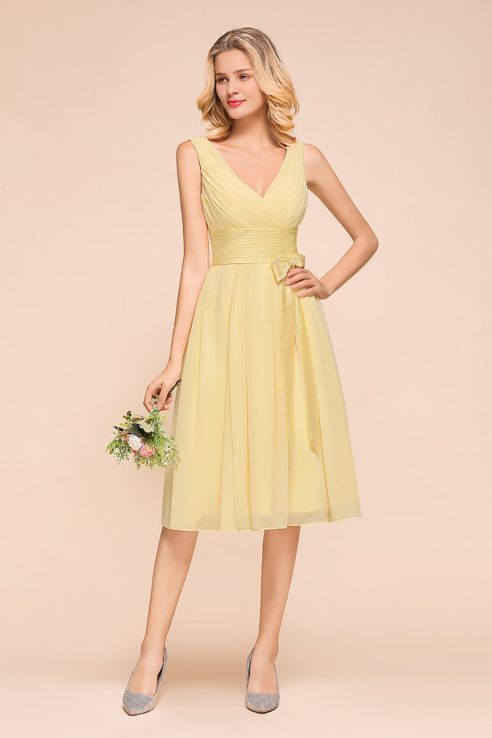 Affordable V-Neck Daffodil Chiffon Short Bridesmaid Dress with Ruffle