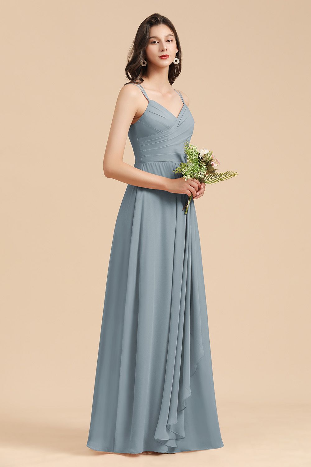 Affordable V-Neck Ruffle Dusty Blue Chiffon Bridesmaid Dresses